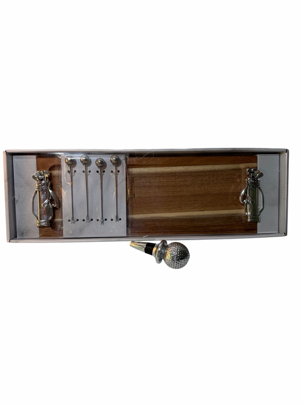 Oak & Olive Foodie Bites Tray Golf NIP Cheese w Mariposa Golf Ball Wine Stopper